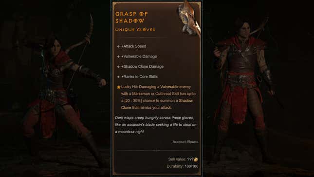 A composite image shows stats for the Grasp of Shadow gloves.