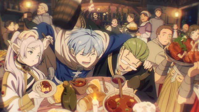 A Frieren: Beyond Journey's End still shows the heroes party celebrating over a nice meal.  