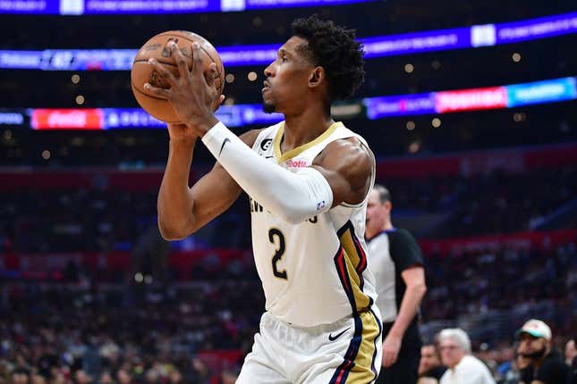 Mar 25, 2023; Los Angeles, California, USA; New Orleans Pelicans guard Josh Richardson (2) shoots against the Los Angeles Clippers during the first half at Crypto.com Arena.