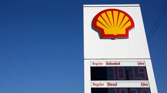 The Shell logo pictured on a Royal Dutch Shell gas station sign.