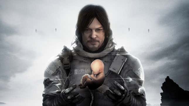 Death Stranding's protagonist holds up a baby. 