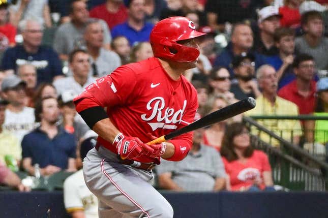 Jul 25, 2023; Milwaukee, Wisconsin, USA; Cincinnati Reds first baseman Joey Votto (19) drives in a run with a base hit in the fourth inning against the Milwaukee Brewers at American Family Field.