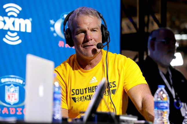 MIAMI, FLORIDA - JANUARY 31: Former NFL player Brett Favre speaks onstage during day 3 of SiriusXM at Super Bowl LIV on January 31, 2020 in Miami, Florida.