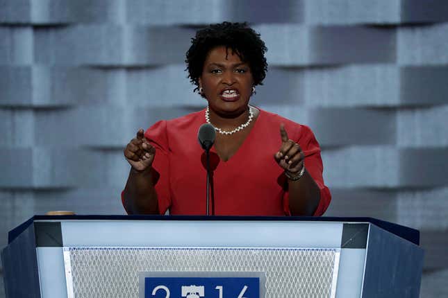 House Minority Leader for the Georgia General Assembly and State Representative, Stacey Abrams delivers a speech on the first day of the Democratic National Convention at the Wells Fargo Center, July 25, 2016 in Philadelphia, Pennsylvania.