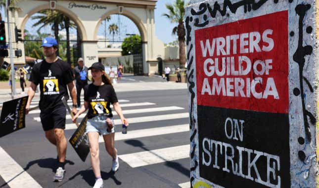 Photograph of a picket sign in support of the Writers Guild of America.