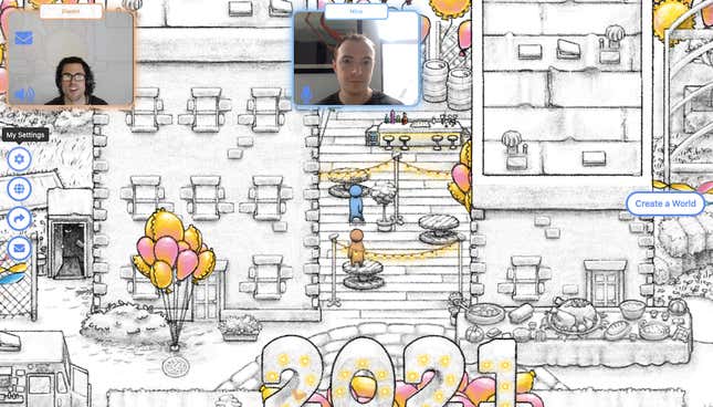 Two avatars stand side by side in a town square decked out with balloons and a giant 2021 sign.
