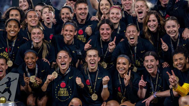 The Portland Thorns celebrate with the NWSL trophy during NWSL Cup Final game between Kansas City Current and Portland Thorns FC at Audi Field on Oct. 29, 2022, in Washington, DC. 