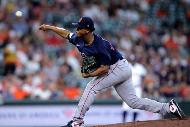 Aug 24, 2023; Houston, Texas, USA; Boston Red Sox starting pitcher Brayan Bello (66) delivers a pitch against the Houston Astros during the first inning at Minute Maid Park.