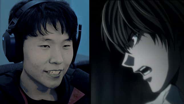 An image of variety streamer Jeremy "Disguised Toast" Wang side-by-side to Death Note's Light Yagami.