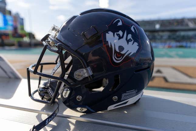 Dec 19, 2022; Conway, South Carolina, USA; A general view of a Connecticut Huskies helmet during a game against the Marshall Thundering Herd in the first half in the Myrtle Beach Bowl at Brooks Stadium.