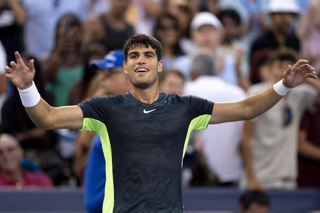 Aug 19, 2023; Mason, OH, USA;  Carlos Alcaraz, of Spain, greets the crowd after defeating Hubert Hurkacz, of Poland, during the semifinal of the Western &amp;amp; Southern Open at the Lindner Family Tennis Center.