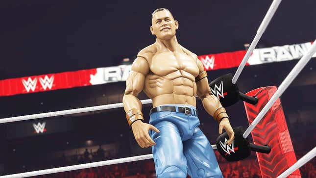 A John Cena action figure stands in a WWE ring as seen in-game. 