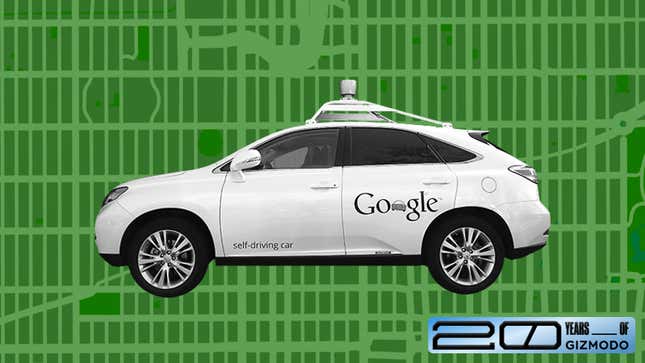 Image of driverless car by Google against a city grid background.