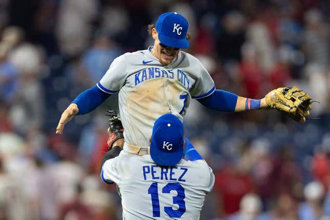 Catcher Salvador Perez of the Kansas City Royals celebrates while