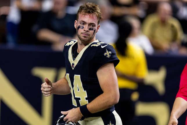 Aug 27, 2023; New Orleans, Louisiana, USA;  New Orleans Saints quarterback Jake Haener (14) against the Houston Texans during the first half at the Caesars Superdome.