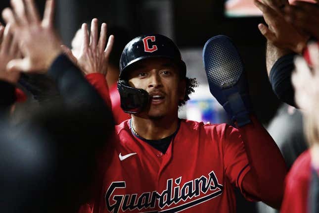 Sep 16, 2023; Cleveland, Ohio, USA; Cleveland Guardians catcher Bo Naylor (23) celebrates after scoring during the eighth inning against the Texas Rangers at Progressive Field.