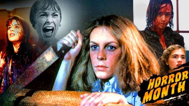 Neve Campbell (screenshot via Miramax), Janet Leigh (screenshot via Paramount Pictures), Jamie Lee Curtis (screenshot via Compass International Pictures), Danielle Harris (screenshot via Dark Sky Films), Heather Langenkamp (screenshot via New Line Cinema)