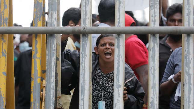 People are shown protesting behind metal bars in Sri Lanka.