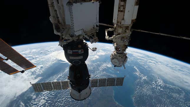 The Soyuz MS-22 spacecraft docked to the Russian Rassvet ISS module, in a photo taken on October 8, 2022.