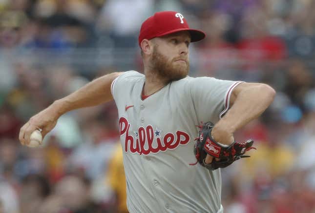 Jul 28, 2023; Pittsburgh, Pennsylvania, USA; Philadelphia Phillies starting pitcher Zack Wheeler (45) delivers a pitch against the Pittsburgh Pirates during the first inning at PNC Park.
