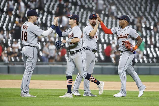 Sep 2, 2023; Chicago, Illinois, USA; Detroit Tigers players celebrate after defeating the Chicago White Sox at Guaranteed Rate Field.