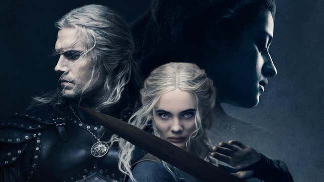 Promo image for The Witcher season 2 featuring Geralt, Ciri with a sword, and Yennefer in the background. 