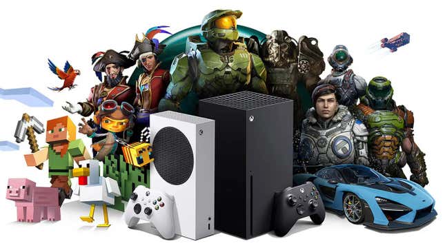 Xbox mascots appears above the consoles in a Game Pass promo. 