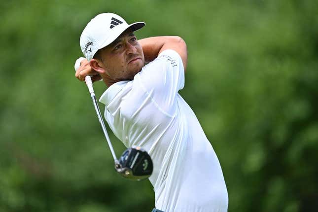 Aug 20, 2023; Olympia Fields, Illinois, USA; Xander Schauffele tees off from the 3rd tee during the final round of the BMW Championship golf tournament.