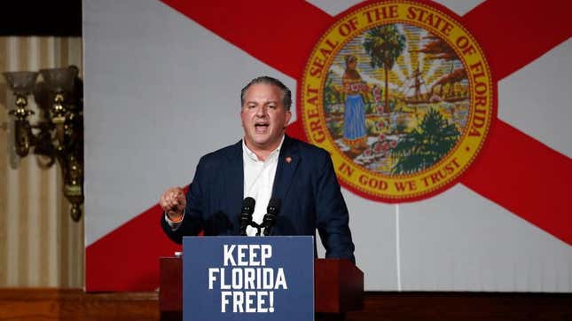 Florida Chief Financial Officer Jimmy Patronis speaks before introducing Florida Gov. Ron DeSantis during a rally for Florida Republicans at the Cheyenne Saloon on November 7, 2022 in Orlando, Florida.
