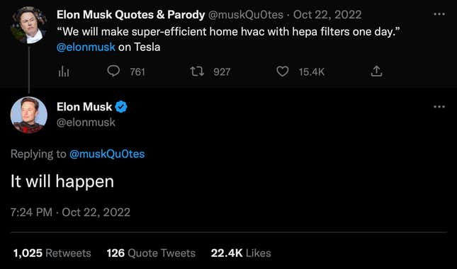 A screenshot of Elon responding to a quote he said about making efficient home HVAC with HEPA filters.