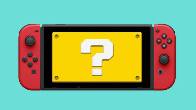 An image of a Nintendo Switch with two red Joy-Con and a screen that shows a yellow question block. 