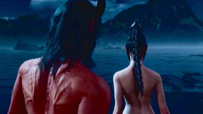 Zwei Charaktere aus Baldur's Gate 3 stehen in einer dunklen Nacht vor einem Gewässer.