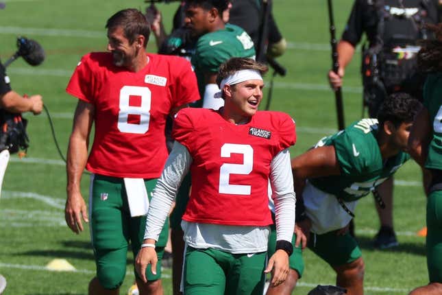 Jul 31, 2023; Florham Park, NY, USA; New York Jets quarterback Zach Wilson (2) in front of quarterback Aaron Rodgers (8) during the New York Jets Training Camp at Atlantic Health Jets Training Center.