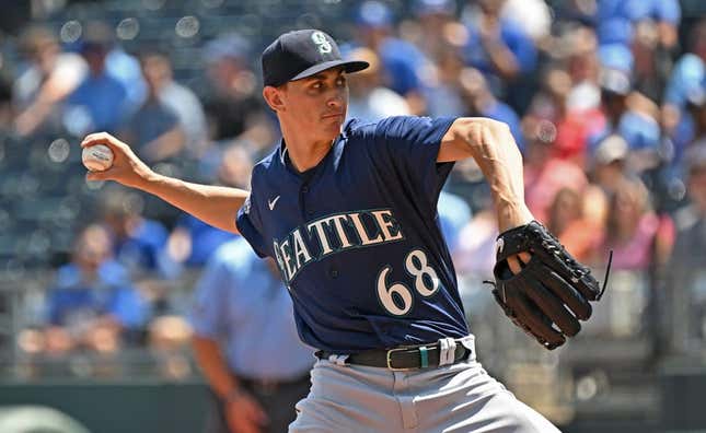 Aug 17, 2023; Kansas City, Missouri, USA;  Seattle Mariners starting pitcher George Kirby (68) delivers a pitch in the first inning against the Kansas City Royals at Kauffman Stadium.