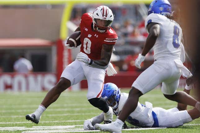 Sep 2, 2023; Madison, Wisconsin, USA;  Wisconsin Badgers running back Braelon Allen (0) rushes with the football during the second quarter against the Buffalo Bulls at Camp Randall Stadium.
