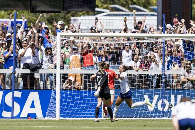 Jul 9, 2023; San Jose, California, USA;  United States of America forward Trinity Rodman (20) reacts after scoring a goal against Wales during the second half at PayPal Park.