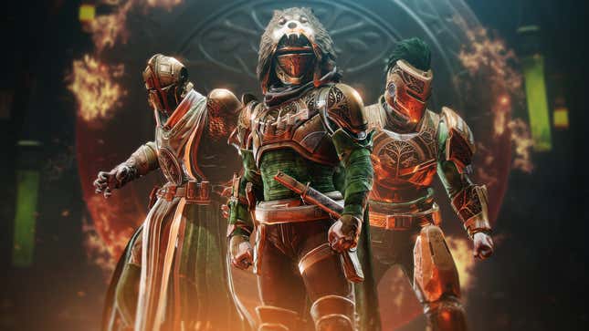 Destiny 2 Guardians stand side by side in Iron Banner armor. 