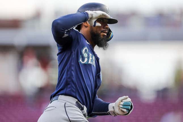 Sep 5, 2023; Cincinnati, Ohio, USA; Seattle Mariners right fielder Teoscar Hernandez (35) reacts after hitting a two-run home run in the first inning against the Cincinnati Reds at Great American Ball Park.