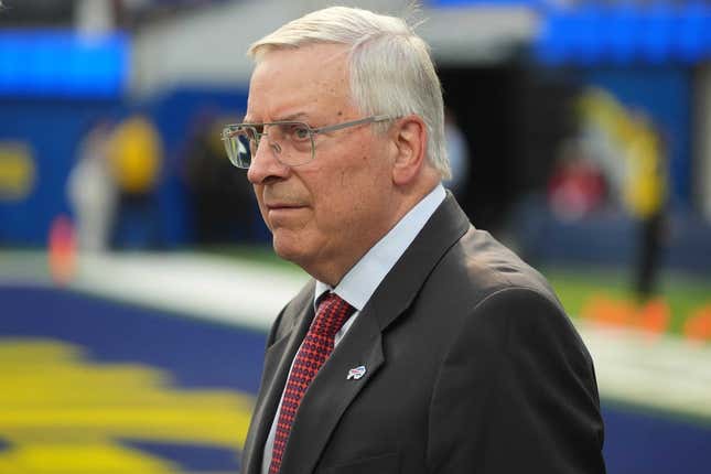 Sep 8, 2022; Inglewood, California, USA; Buffalo Bills owner Terry Pegula reacts during the game against the Los Angeles Rams at SoFi Stadium. The Bills defeated the Rams 31-10.