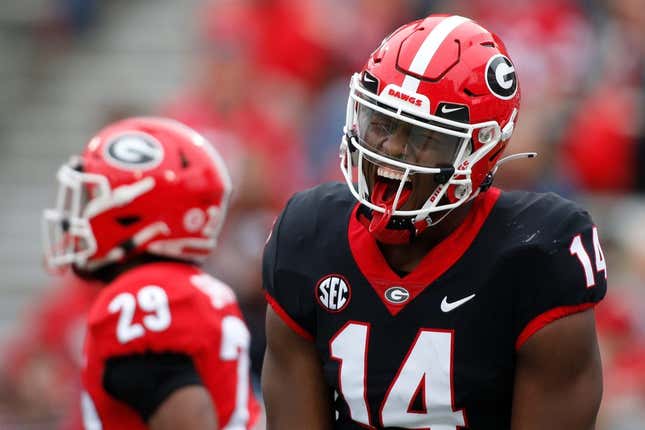 Georgia&#39;s Arik Gilbert (14) celebrates after making a touchdown catch during the G-Day spring game in Athens, Ga., on Saturday, April 16, 2022.

News Joshua L Jones

Syndication Online Athens