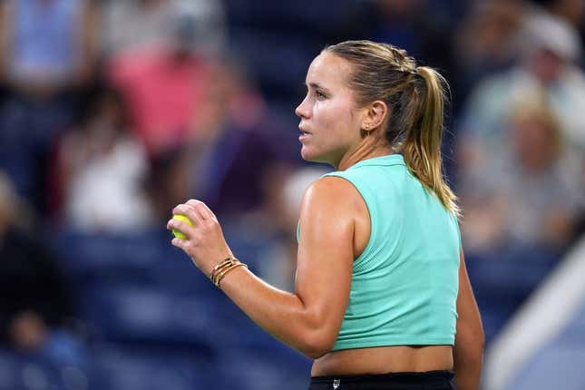 Aug 31, 2023; Flushing, NY, USA; Sofia Kenin of the United States wins a point against Daria Kasatkina on day four of the 2023 U.S. Open tennis tournament at USTA Billie Jean King National Tennis Center.