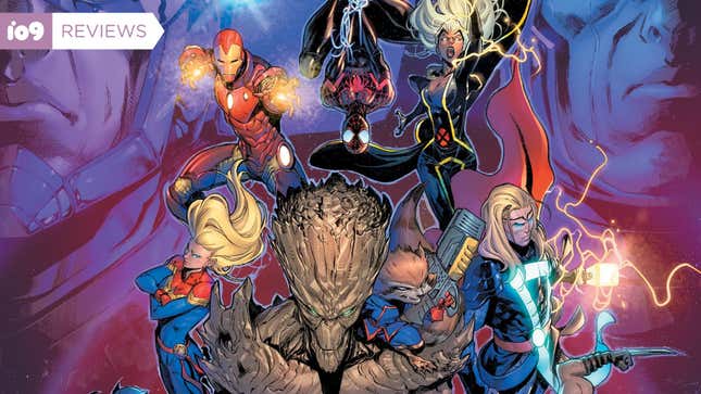 A crop of the Marvel Multiverse Role-Playing Game cover, featuring Groot, Storm, Captain Marvel, and others.