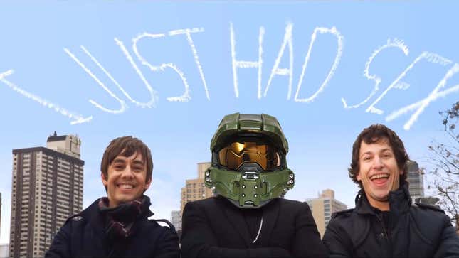 Master Chief stands between the Lonely Island under clouds that say "I Just Had Sex."