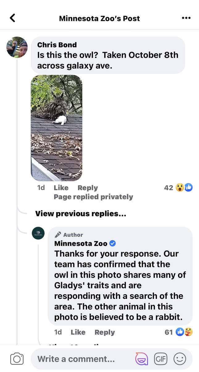 A Facebook user shared a suspected sighting of Gladys.