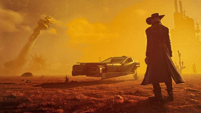 A man in a trench coat and cowboy hat stares out at a hazy, post-apocalyptic landscape.