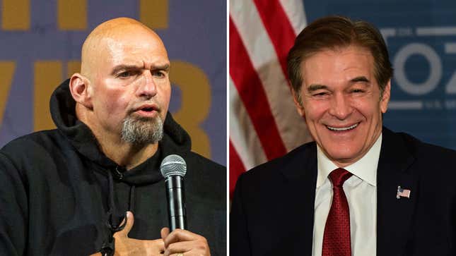 side by side photos of John Fetterman and Dr. Mehmet Oz.