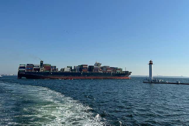 In this photo provided by Ukraine&#39;s Infrastructure Ministry Press Office, container ship Joseph Schulte (Hong Kong flag) leaves the port of Odesa to proceed through the temporary corridor established for merchant vessels from Ukraine&#39;s Black Sea ports in Odesa, Ukraine, Wednesday, Aug. 16, 2023. The ship carrying over 30 thousand tons of cargo, including food products, which had been in the port of Odesa since last February because of the Russian invasion of Ukraine, left Odessa under an agreement between Ukraine and the International Maritime Organisation. (Ukraine&#39;s Infrastructure Ministry Press Office via AP)