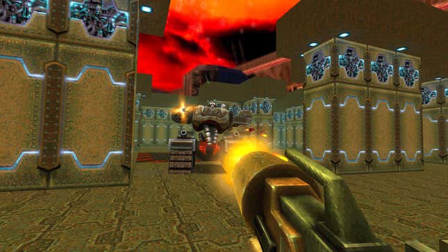 A screenshot a player shooting a sci-fi gun at a big enemy in Quake 2. 