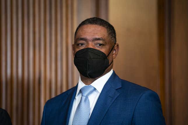 Cedric Richmond, director of the White House Office of Public Engagement, wears a protective mask as he participates in the mock swearing-in ceremony for Representative-elect Troy Carter, a Democrat from Louisiana, not pictured, in the Rayburn Room in the U.S. Capitol in Washington, D.C., U.S., on Tuesday, May 11, 2021