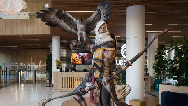 An Assassin's Creed statue sits in the lobby of Ubisoft's Paris headquarters. 